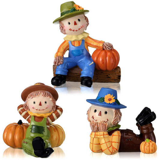 ShinyRelief 3 Pcs 3D Thanksgiving Scarecrows Table Decor Figurines with Pumpkin Fall Table Centerpiece Decor Autumn Harvest Resin Statue Gifts for Kitchen Home Office Tiered Tray Shelf Party Supplies