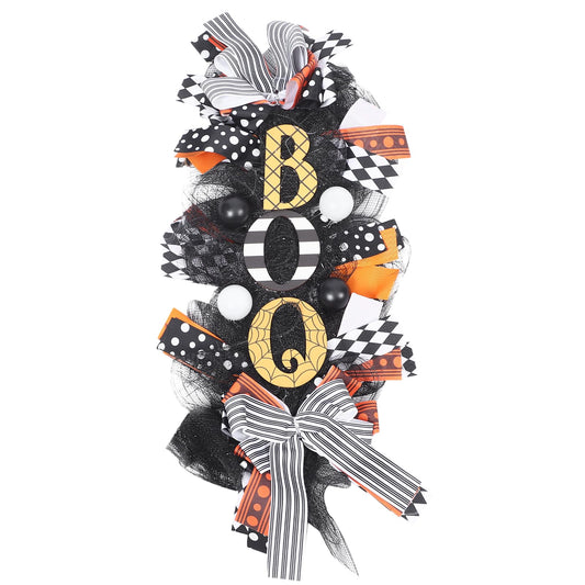 Halloween Wreath for Front Door, 19” Wreath for Halloween Decoration - Handmade Gauze Porch Decor with Bow for Farmhouse Favors Trick of Treat Props