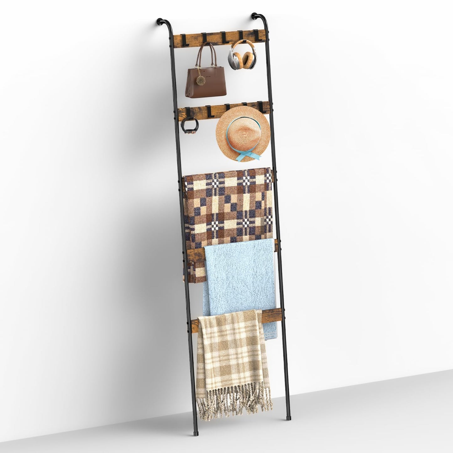 Blanket Ladders for the Living Room 5 Tier Towel Ladder for Bathroom with 10 Removable Hooks Wall Leaning Quilt Rack for Bedroom Display Rustic Farmhouse Home Decor, Rustic Brown