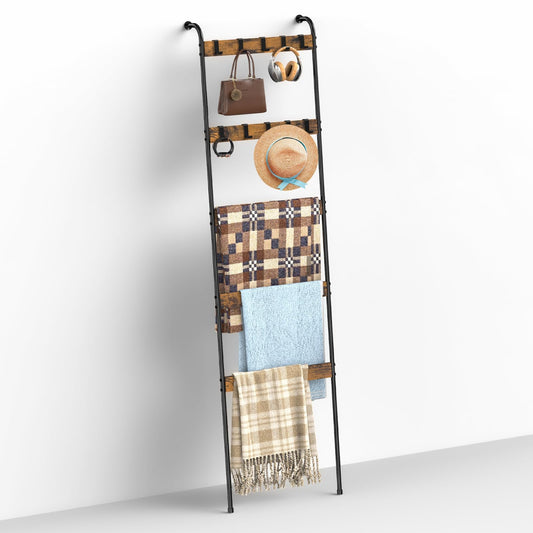 Blanket Ladders for the Living Room 5 Tier Towel Ladder for Bathroom with 10 Removable Hooks Wall Leaning Quilt Rack for Bedroom Display Rustic Farmhouse Home Decor, Rustic Brown