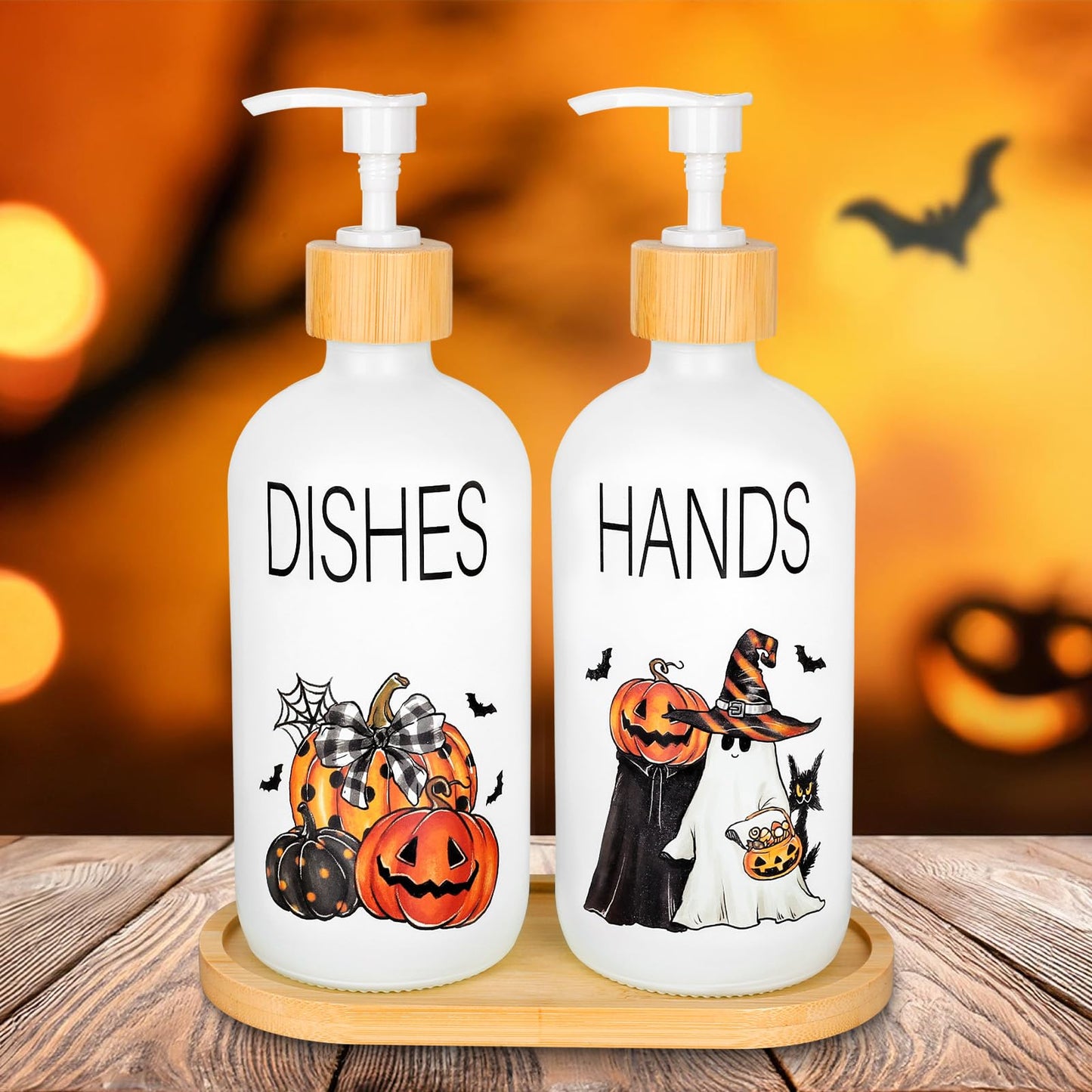 Whaline 2 Pcs Halloween Soap Dispenser Spooky Pumpkin Face Ghost Glass Soap Dispenser with Pump Refillable Liquid Container for Trick or Treat Party Home Kitchen Decor