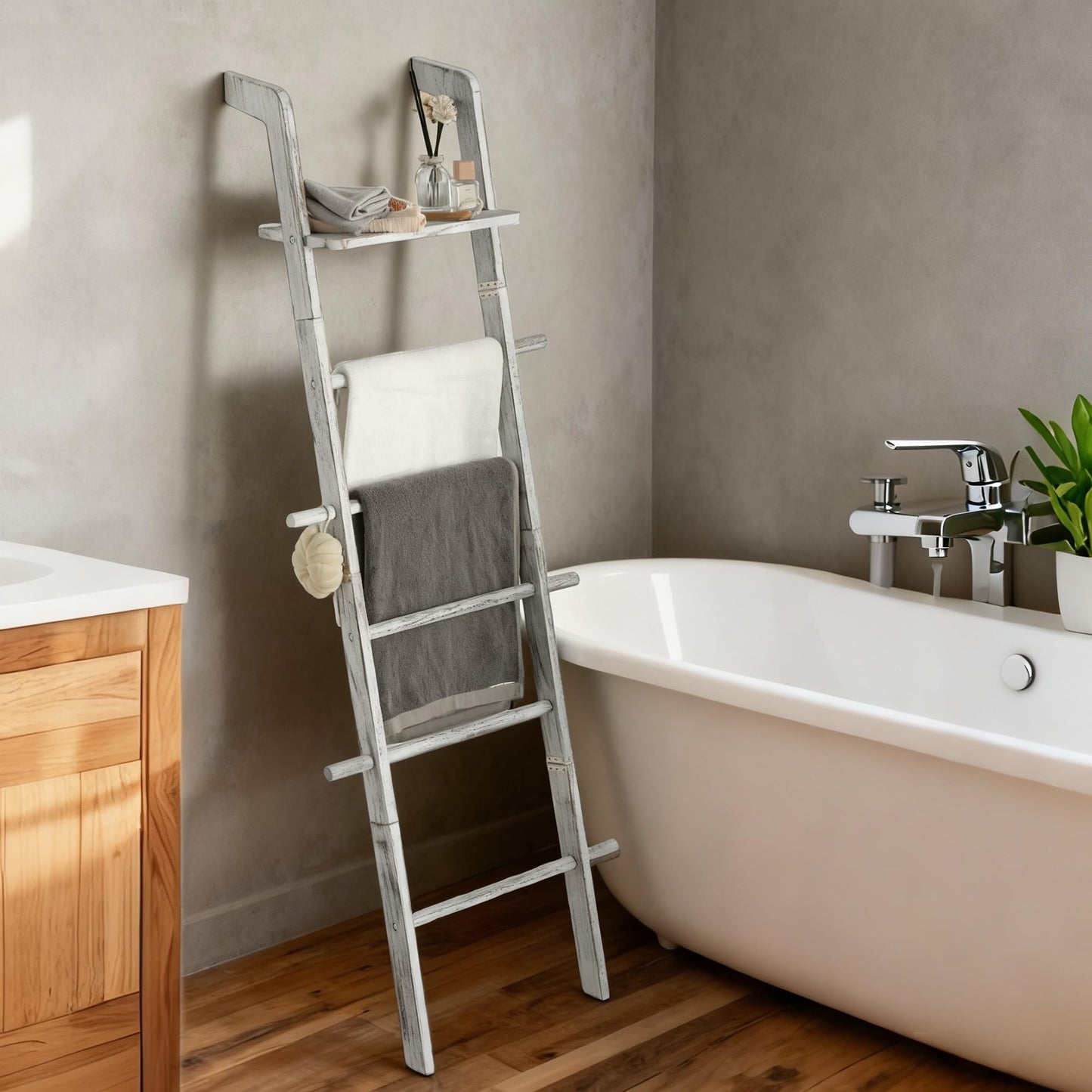 Wash White Wood Blanket Ladder with Top Shelf for the Living Room, 67in Decorative Blanket Holder, 5 Tier with Side Hooks for Hanging, Rustic Farmhouse Towel Throw Ladder Rack for Organize and Display