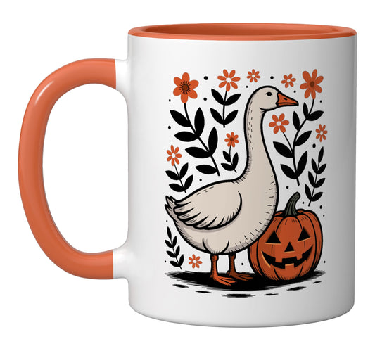 Cute Silly Goose Pumpkin Vintage Floral Boho Halloween Fall Ceramic Mug, Orange/White