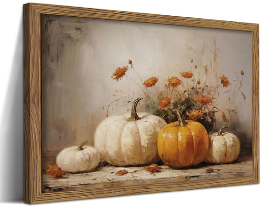 Framed Vintage Pumpkin Wall Art, Fall Harvest Canvas Print, Rustic Autumn Decor, Thanksgiving Halloween Wall Decor, Farmhouse Still Life Artwork for Living Room Bedroom, 8x10in Wood Frame
