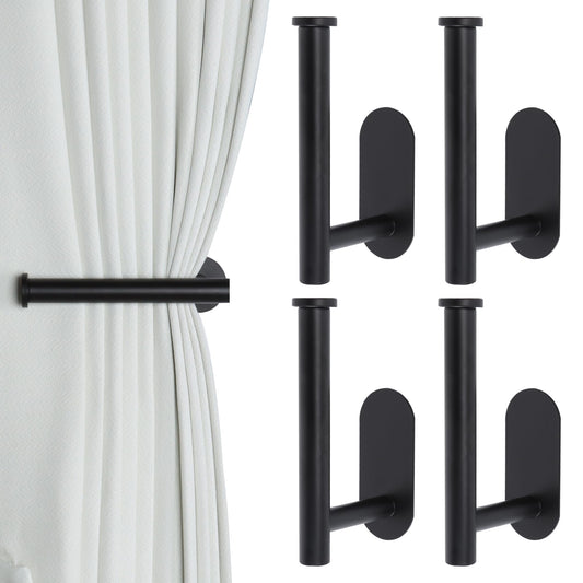 Groleca Adhesive Curtain Holdbacks - 4 Pack No Drill Tie Backs Hooks for Drapes, Damage-Free Wall Mounted Curtain Holders with Strong Adhesive (Black)