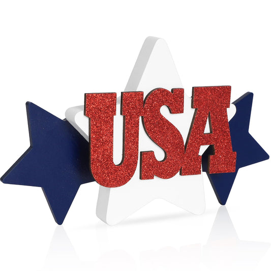COCHIE Glitter USA Sign 4th of July Decorations for Office, Home, Table, Mantel, Shelf, Desk, 5x10 Inch Patriotic Memorial Day Star Sign, Wooden Red Blue White Decor Labor Day Centerpiece (Star)