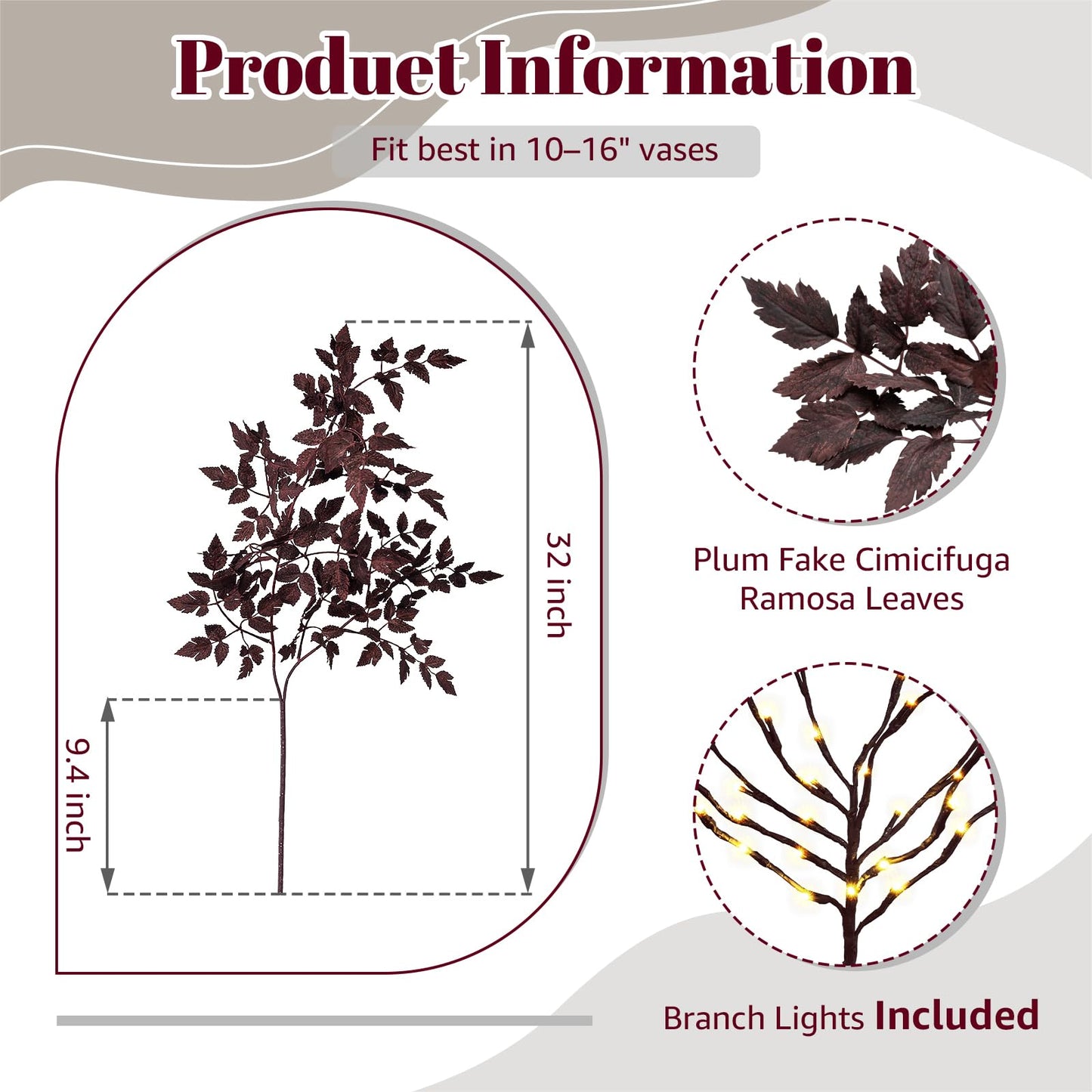 IGERI Set of 9 Plum Faux Fall Cimicifuga Stems for Vases Floral Decor Ramosa Leaves Branches Foliage Stem with Branch Lights (32 Inch)