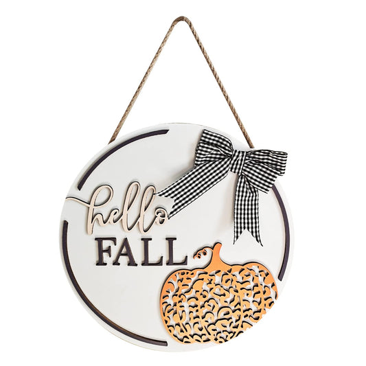 GLLBTPT Hello Fall Wood Sign,Fall Decorative Door Hanging Decor,Autumn Wooden Wall Decor with Bow Knots and Pumpkins Pattern for Wall Door Indoor Outdoor Decoration(117E)