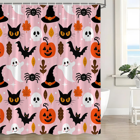 JOFKAXU Pink Halloween Shower Curtain Cute Ghost Pumpkin Spooky Black Cat Scary Skull Horror Bat Magic Witch Hat Gothic Spider Web Bath Curtain with Hooks