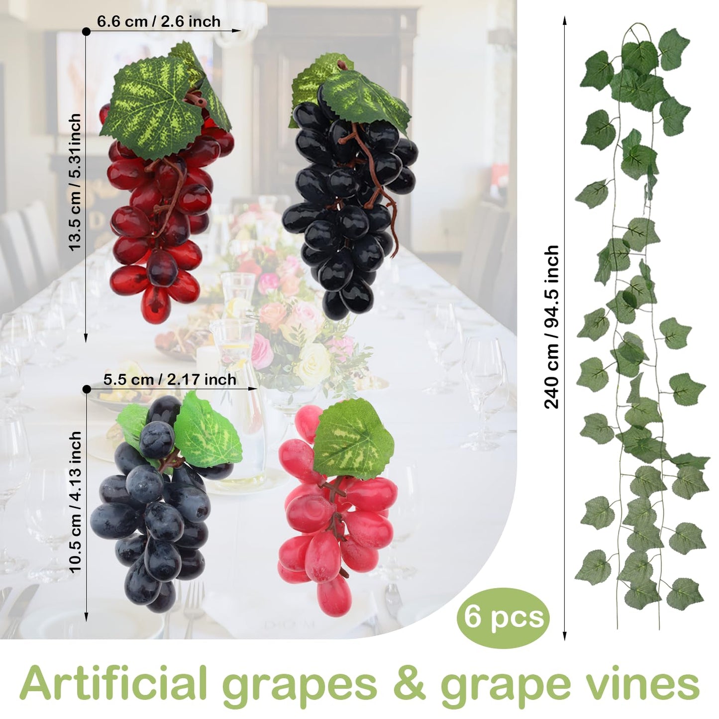 Quancru Artificial Grapes Leaves Vines 6 Strands & Fake Grape 8 Bunches Simulation Red Black Purple Green Fruit Photography for Indoor Outdoors Wedding Party Cabinet Garland Ornament Wall Decortion
