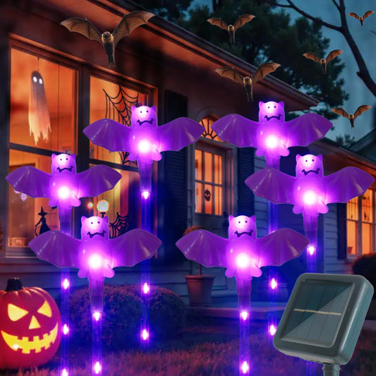 Xingpold Halloween Decorations Outdoor Solar Bat Garden Lights,6 Pack 56LED Solar Halloween Bats Lights, Waterproof Solar Pathway Lights for Outside Patio Yard Lawn Grave Party Gifts Decor Purple