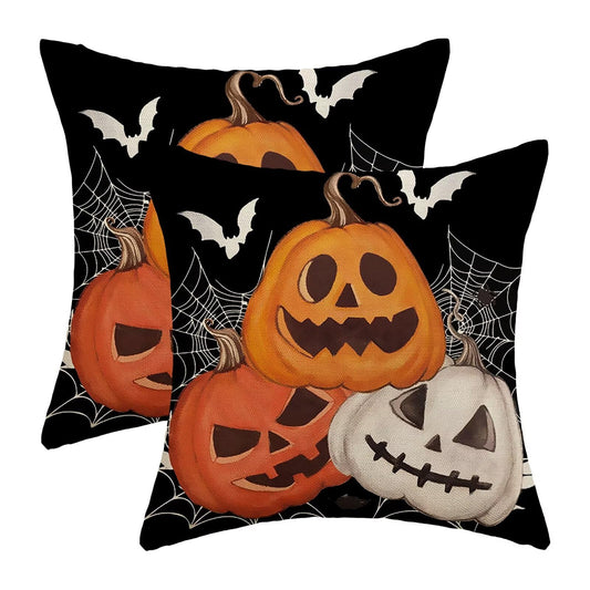 Halloween Pillow Covers 20 x 20 Inch Pack of 2, Black Pumpkin Bat Spider Web Decorative Throw Pillow Covers Vintage Linen Farmhouse Outdoor Halloween Pillowcase for Bedroom Home Sofa Decor