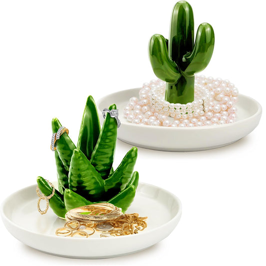 Seuqhck Ceramic Ring Holder Dish Set of 2 - Cactus & Aloe Jewelry Organizer Tray for Rings, Earrings, Necklaces, Decorative Succulent Trinket Dish for Home Decor, Wedding, Birthday Gifts for Women