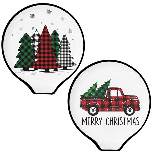 2 Pcs 3.8 Inch Christmas Spoon Rest Mini Red Green Plaid Xmas Tree Truck Small Coffee Spoon Holder For Winter Xmas Coffee Stirrers Teaspoon Bar Coffee Station Accessories