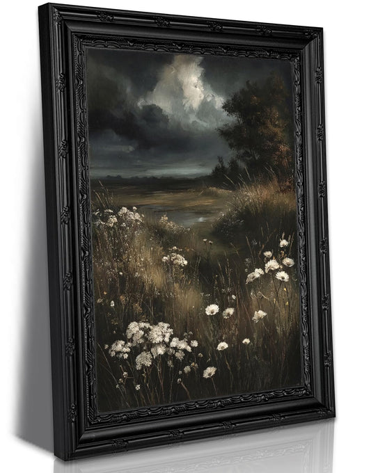 Dark Moody Landscape Framed Wall Art, Vintage Gothic Wildflower Meadow Canvas Print with Ornate Black Carved Frame, Dark Academia Aesthetic Wall Decor for Bedroom Living Room Halloween