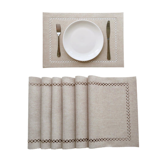 Placemats Set of 6 for Dining Table with Hollow Edge Design- Table Mats 12x 18 Inch, Cloth Place mats Machine Washable (Beige 6pcs)