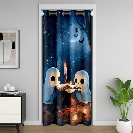Castle Fairy Halloween Ghost Door Curtain for Youth Adult,Orange Pumpkin Lantern Print Closet Door Curtain 34" W X 80" L,Bat Blue Starry Galaxy Sky Doorway for Partition Privacy Shading Decor