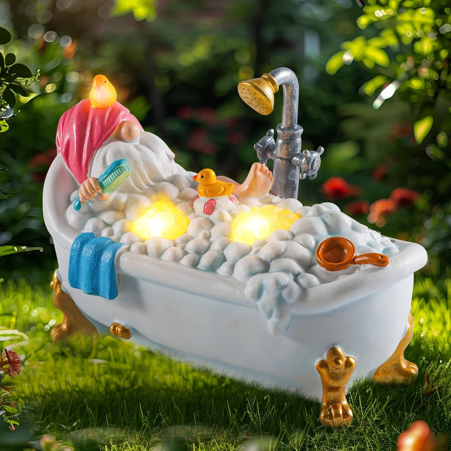 WINTS Solar Garden Gnome, Resin Bathing Figure Outdoor Decorations with Cute Solar Lights for Lawn, Yard, Garden, Funny Gnome Gifts for Women, Birthday