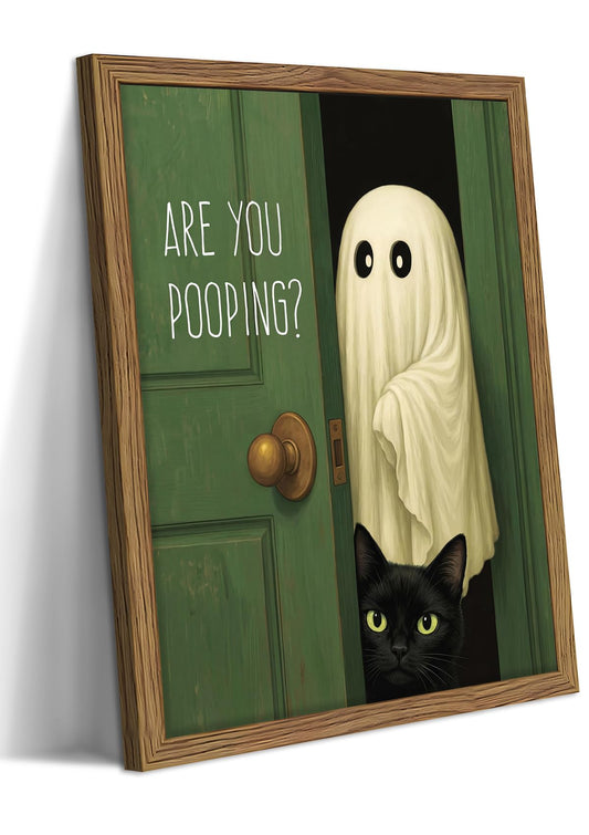Funny Halloween Bathroom Wall Art, Vintage Cute Ghost Cat Canvas Wall Decor Paintings, Funny Are You Pooping Artwork Poster Print Picture for Bathroom Restroom 8x10 Inch Framed