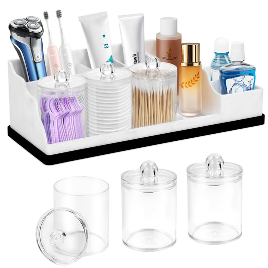 Bathroom Counter Organizer, White Silicone Toothbrush Holders for Bathrooms Organizer Countertop with 3PCS Qtip Holder, Toothbrush and Toothpaste Holder for Bathroom Organization Storage Vanity