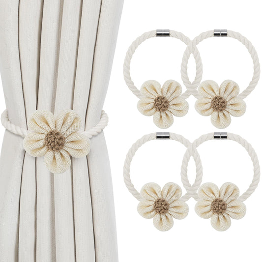 KLOGTSIND Magnetic Curtain Tiebacks, 4 Pack Flower Curtain Holdbacks for Draperies, Elegant Curtain Tie Backs for Boho Bedroom Decor, Toddler Girl Room Decor, Baby Nursery Decor