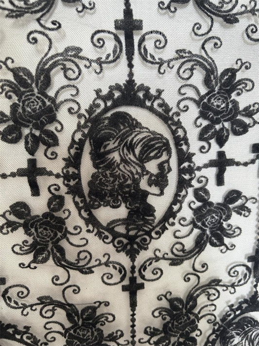 55 Inch Lace Fabric Soft Black Skull Lace Fabric Cross Floral Tulle Fabric for DIY Dress Top Dress Sew,Party Overlay,Curtains,Tablecloth,Halloween Decor (Black (1 Yard))