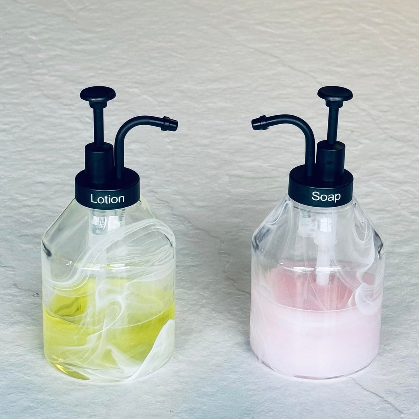 Suanti Bathroom Glass Soap Dispenser Set, 2 Pcs 375ml/12.7 Oz Unique 3D Cloud Pattern Thick Glass Soap Bottle with Smooth Action Rust-Free Black ABS Pump for Kitchen Counter Dish Soap Dispenser