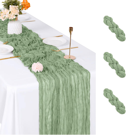 ACSUIT 3 Pack Sage Green Cheesecloth Table Runner, 17 x 108 inch, Semi Sheer Boho Cheese Cloth Fabric Table Runner Bulk for Wedding, Birthday, Party, Holiday, Home Decor (Sage Green)