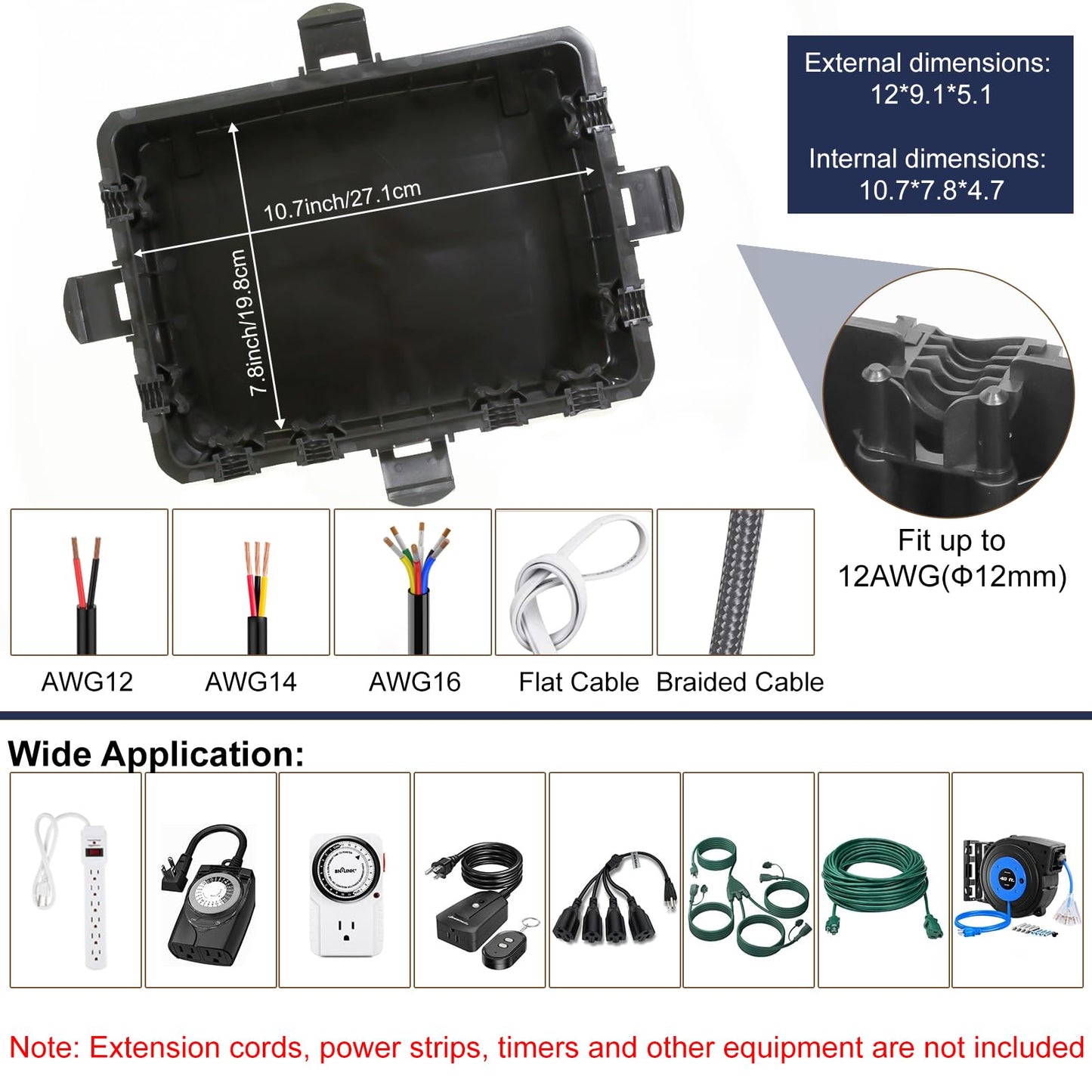 OUTDSPLY Large Outdoor Electrical Box Waterproof, IP54 Extension Cord Cover Weatherproof Outdoor Outlet Covers, Protect Power Strip, Timer Outlet, Plug, Socket, Holiday Light, Black (12 x 9X 5 inch)