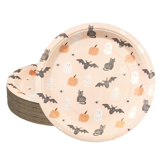 Cheerland Summer ween Paper Plates Disposable Cute Pumpkin Bat Ghost Party Plates for Pastel Halloween Decoration Kids Birthday Baby Shower and Spooky Summerween Party Decorations 7 Inch Pack of 24