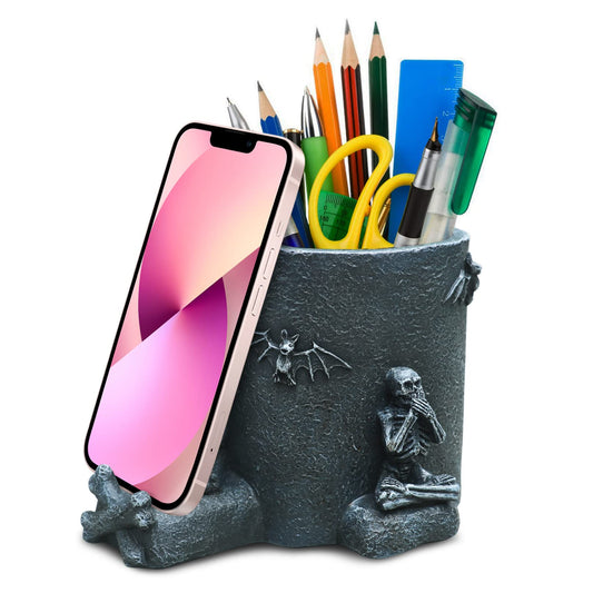Skull Decor Pen Holder with Phone Stand Gothic Desk Accessories Black Skeleton Pencil Storage Organizers Goth Offices Supplies Home Halloween Decorations Unique Spooky Gifts for Men Women Dad Teacher