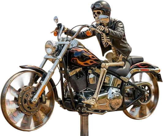 Skeleton Motorcycle Wind Spinner, Biker Skull Windmill Stake with Rotating Wheels, Resin Outdoor Sculpture Ornament for Patio Yard Garden1