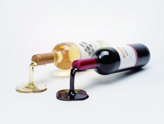 Spilled Wine Bottle Holder Set of 2 (Red & White) - Funny Novelty Wine Rack & Hostess Gift, Realistic Optical-Illusion Tabletop Wine Decor for Kitchen, Bar Cart & Dining Room