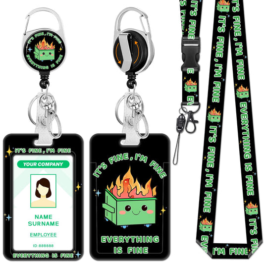 Hancynir Lanyards for Id Badges, Dumpster on Fire Badge Holder with Retractable Reel Clip, Funny Work Name Tags Keychain Lanyard ID Card Protector Cover Case for Women Teacher Nurse Doctor Office