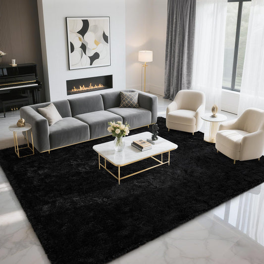 BENRON Fluffy Rugs for Living Room 5x8 Black, Washable Large Area Rugs for Bedroom Dining Table Office Kids Nursery Room, Washable Indoor Floor Carpets