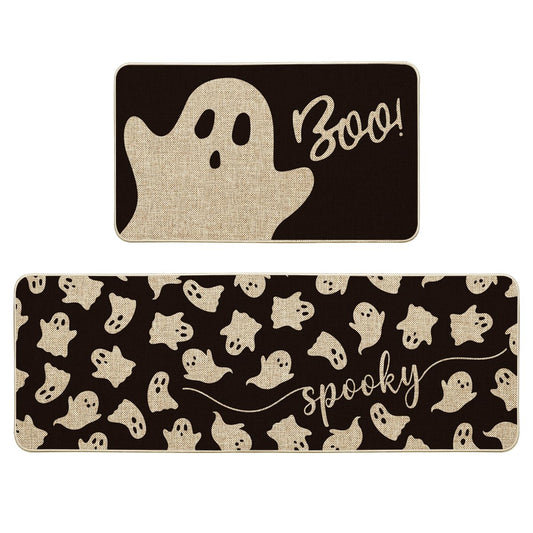 Artoid Mode Spooky Ghosts Boo Halloween Kitchen Mats Set of 2, Black Home Decor Low-Profile Kitchen Rugs for Floor - 17x29 and 17x47 Inch