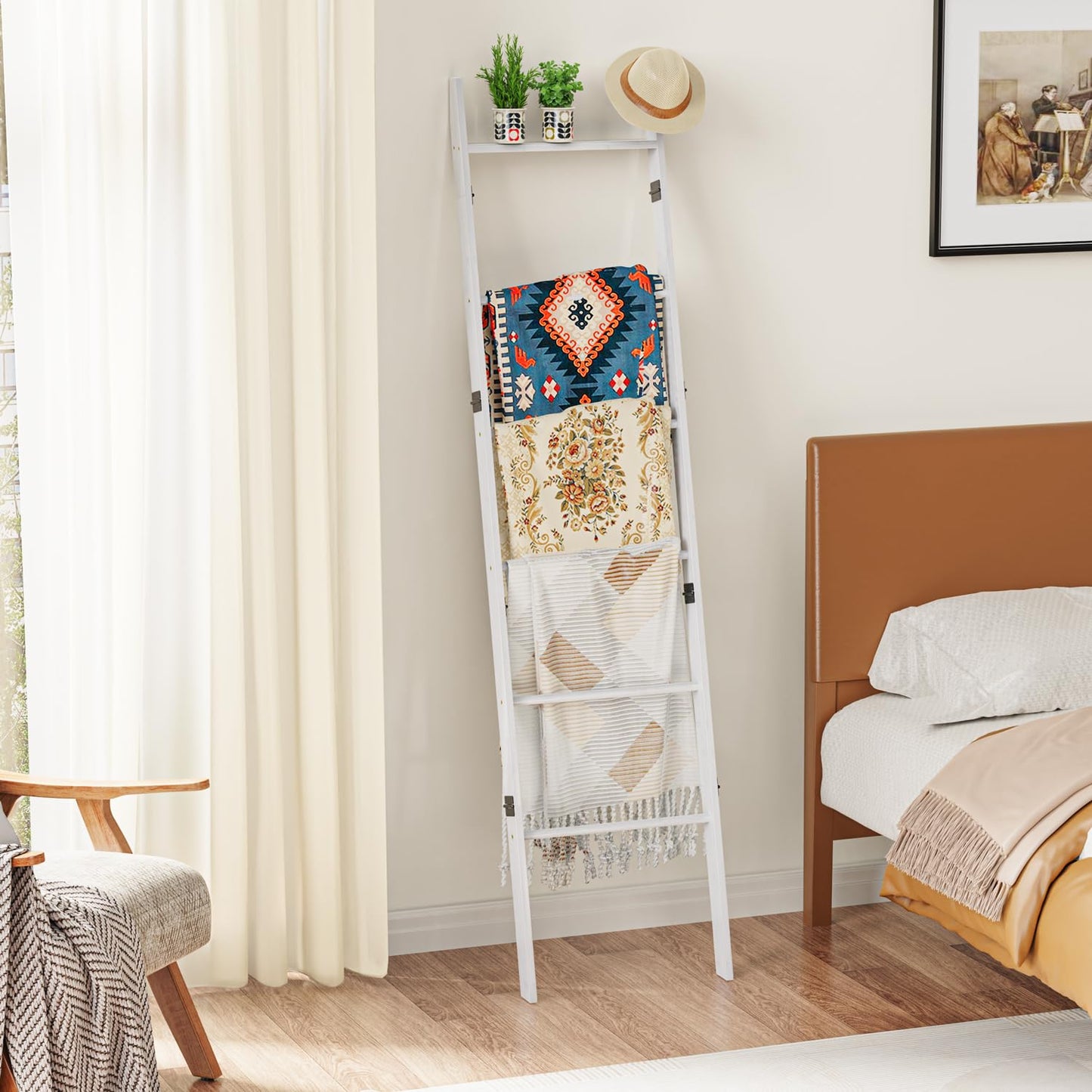 BAMBANG 6-Tier Blanket Ladder for Living Room, Blanket Quilt Ladder Rack Rustic Decorative Towel Holder, Wall Leaning Blanket Ladder Shelf Storage Farmhouse Decor for Bedroom Bathroom, White
