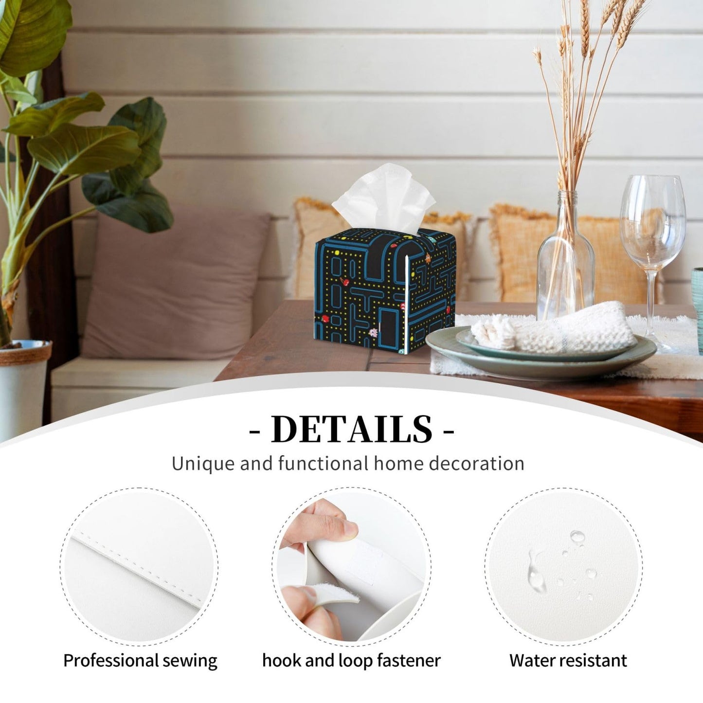 WCMYII Tissue Box Cover Retro Video Game Pattern Modern PU Leather Square Tissue Box Holder - Decorative Holder/Organizer for Bathroom Vanity Countertop, Night Stands, Office Desk & Car 5""X5""X5""