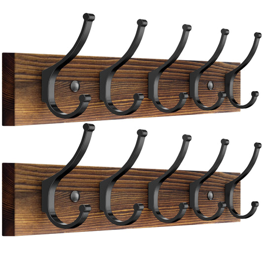 Optish 2 Pack Wooden Coat Rack Wall Mount, 16.1" Rustic Coat Hanger Hooks with 10 Double Hooks, Wall Coat Rack for Hat, Clothes, Bags, Jacket, Brown