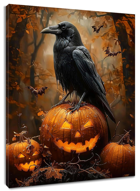 LB Vintage Halloween Wall Art Black Bat and Orange Pumpkin Lantern in Horror Forest Canvas Wall Art Fall Halloween Framed Wall Decor for Bathroom Living Room Bedroom Decor Ready to Hanging 12x16 Inch