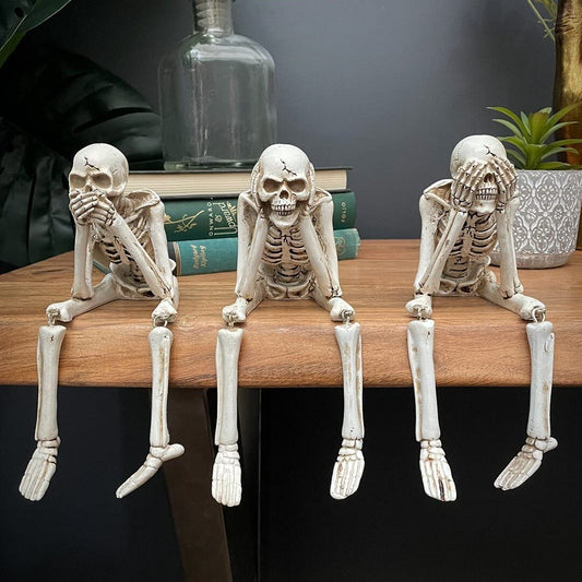 Kakeii Skull Statues Set Resin Skeleton Shelf Sitters Sitting Figurines for Home Bookshelf Table Ledge Edge Decorative, Crafts Ornaments Collectibles Statues for Skeleton Lovers Halloween Decor (3Pcs)