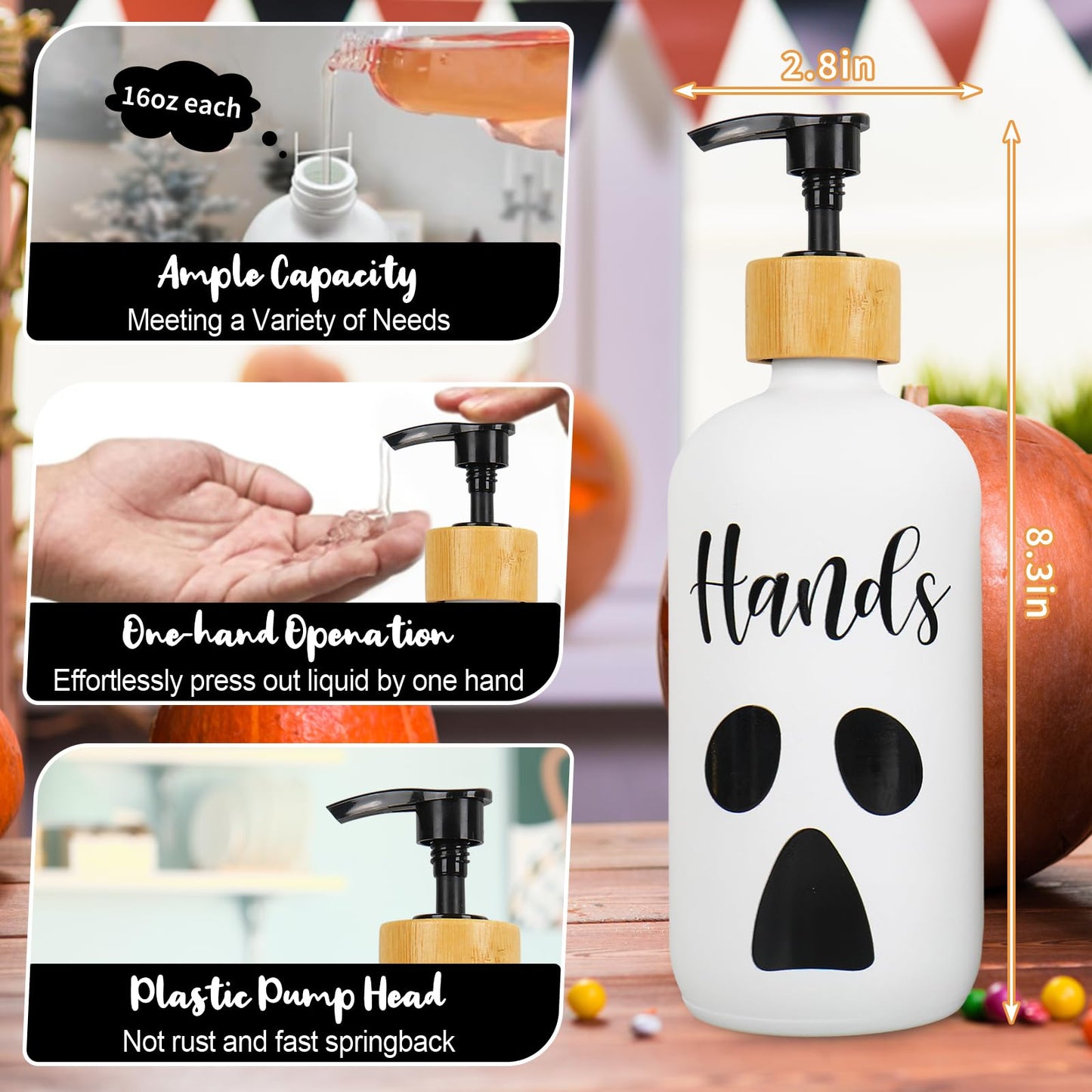 JarThenaAMCS 2Pcs Halloween Soap Dispenser Ghost Pumpkin Face Hand and Dish Glass Dispenser with Pump 16 Oz Refillable White Black Liquid Soap Container for Kitchen Bathroom