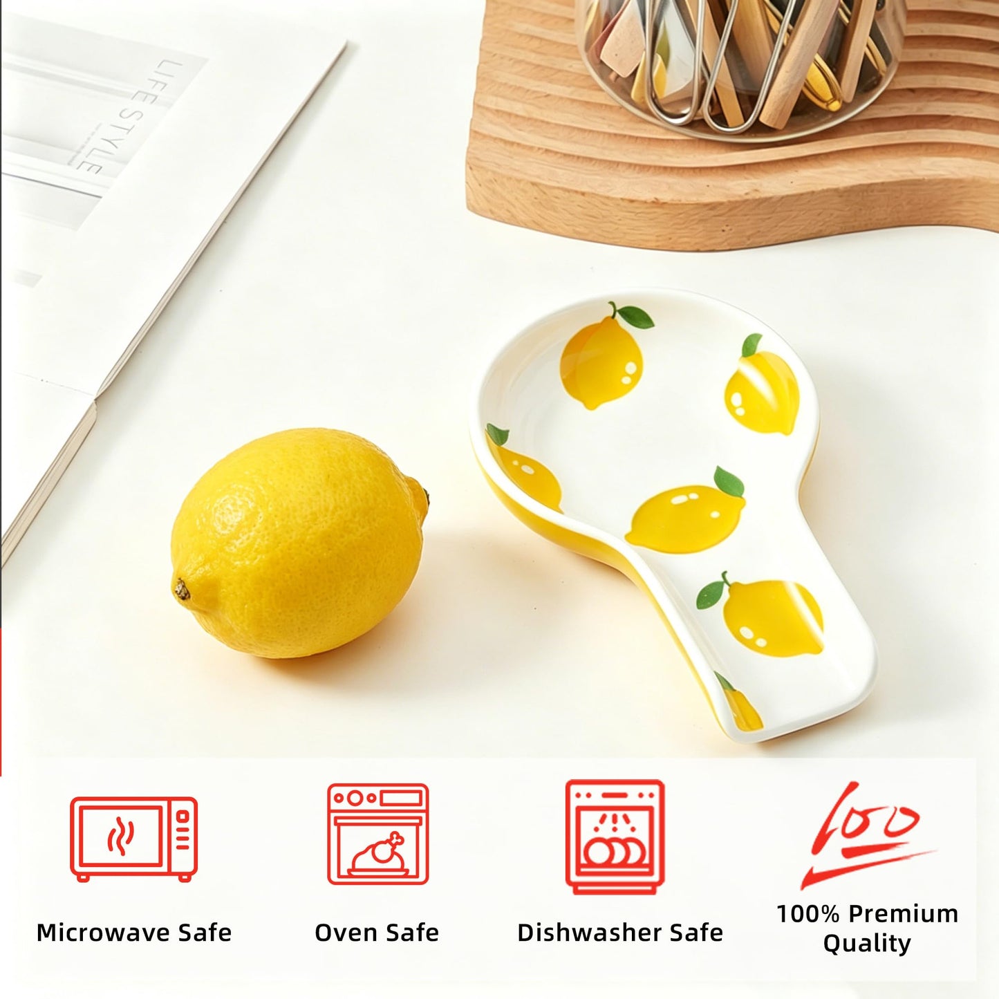YumiPLUS Porcelain Fruit Spoon Rest, Ceramic Utensil Rest for Stove & Countertop, Cute Spoon Holder, Ideal Gift for Housewarming, Mother's Day and Valentine’s Day (lemon)