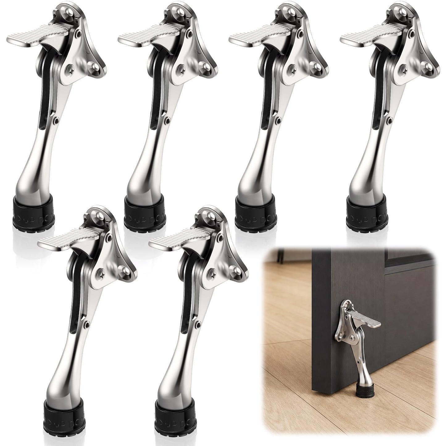 Moxweyeni 6 Pieces Heavy Duty Door Stops for Bottom of Door Metal Kickdown Doorstop with Adjustable Rubber Tips Spring Replacements Doorstop (Silver)