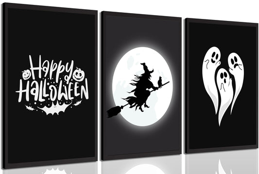 Halloween Horror Ghost Canvas wall art Witch flying on a broom Painting Picture Wall Decor Goth Dark Moody Poster Print Artwork for Halloween Party in Living Room and Bedroom Home Decoration