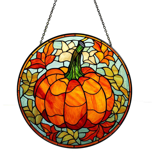 Autumn Pumpkin Stained Glass Window Hanging, Fall Harvest Suncatcher with Leaves & Flowers, Thanksgiving and Halloween Window Decor for Home & Kitchen