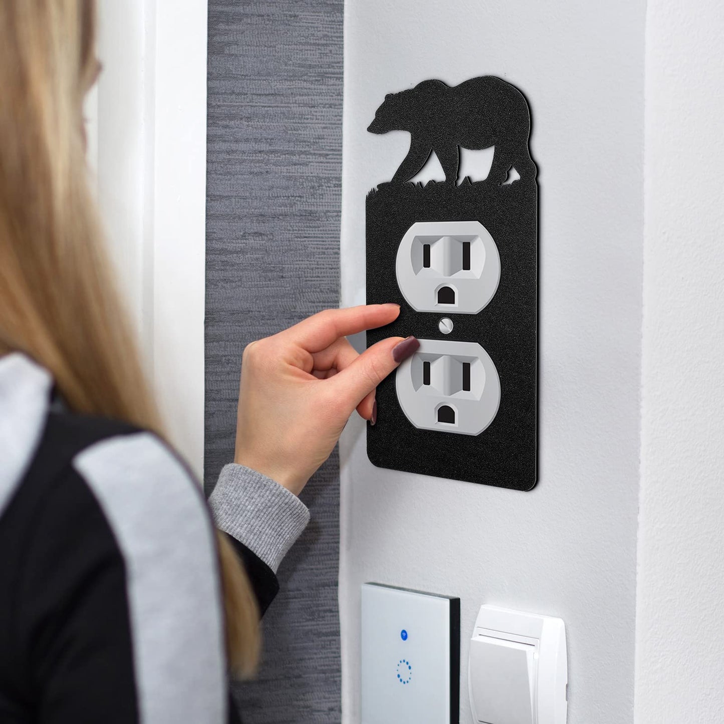 Kingdder 12 Pcs Metal Bear Light Switch Cover Moose Tree Mountain Elk Black Light Switch Plate Forest Outlet Toggle Wall Plate Cover for Home Bedroom Single Gang Socket