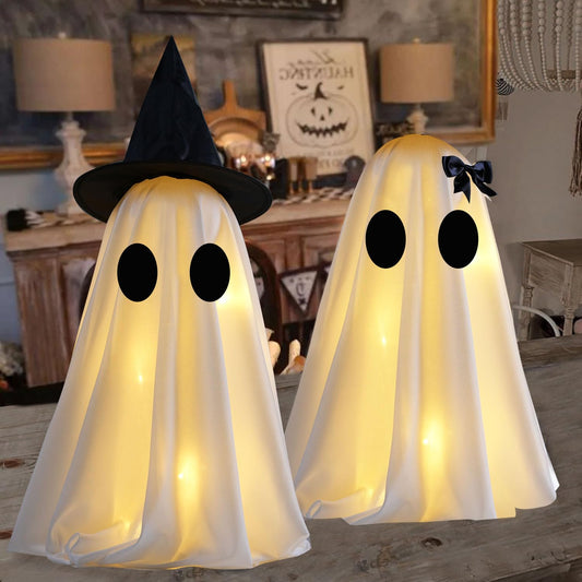 KIWDY [Timer] Light Up Halloween Scary Ghost Decorations, Set of 2 DIY Spooky Crafts for Indoor Home Mantel Shelf & Tabletop Decor White