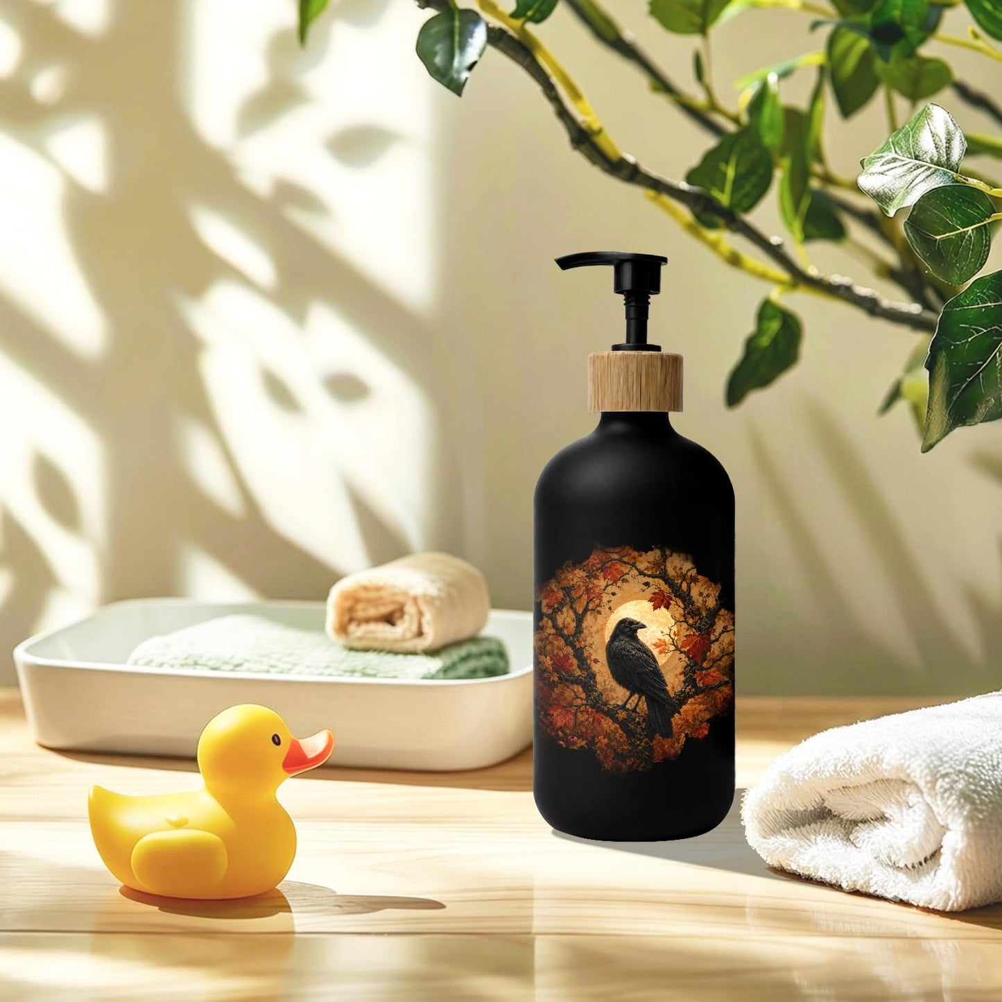 Stelloriellea Fall Halloween Raven Glass Soap Dispenser with Pump