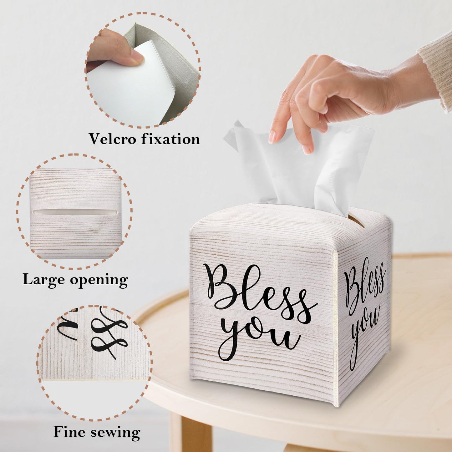 Tissue Box Cover Square - Bless You Tissue Box Holder with Bottom Belt, Leather Facial Paper Holder Decor for Bathroom Vanity Countertop, Nightstands, Dining Table, Office, Car -01